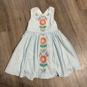 Mini Boden Girls 2-3Y Cross Back Dress Floral Stripe Blue Embroidered Sleeveless